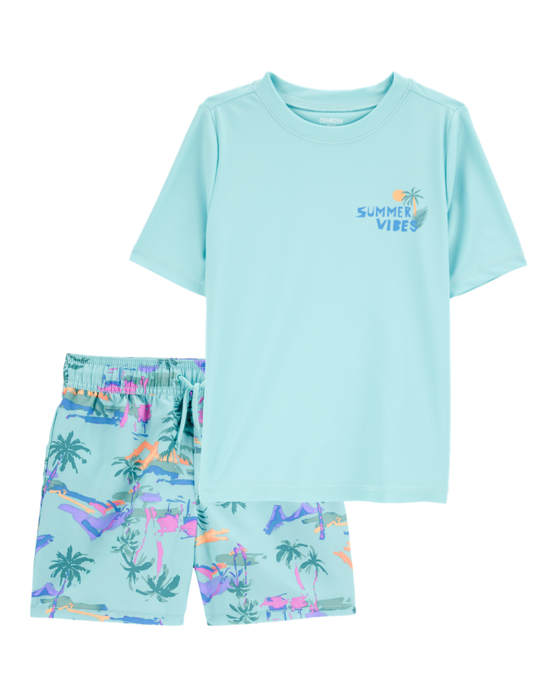 Kid 2-Piece Tropical Print  Short-Sleeve Rashguard & Swim Trunks Set - Blue
, image 1 of 6 slides