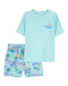 Kid 2-Piece Tropical Print  Short-Sleeve Rashguard & Swim Trunks Set - Blue
, image 1 of 6 slides