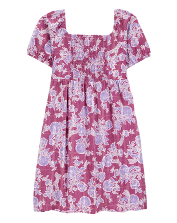 Kid Smocked Floral Print Dress - Pink, 