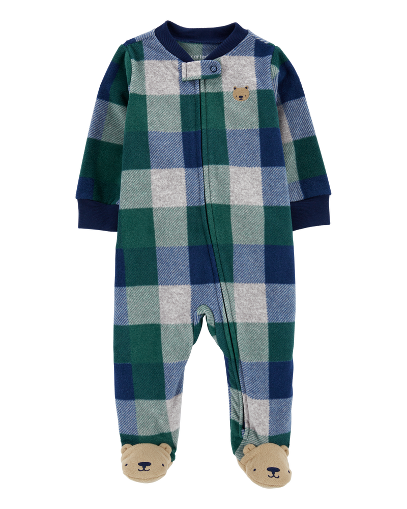 Baby Plaid Bear Fleece Zip-Up Footie Sleep & Play Pajamas, image 1 of 5 slides
