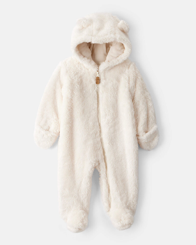 Baby Sherpa Hooded Long-Sleeve Jumpsuit - White, image 1 of 4 slides