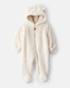Baby Sherpa Hooded Long-Sleeve Jumpsuit - White, image 1 of 4 slides