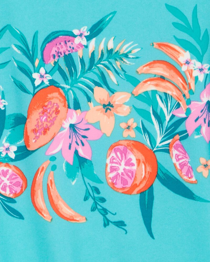Girls 1-Piece Floral Print Rashguard Swimsuit - Turquoise, image 3 of 4 slides