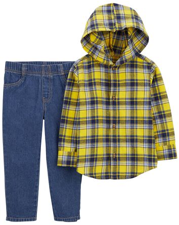 Toddler 2-Piece Plaid Button-Front Shirt & Twill Denim Pants, 