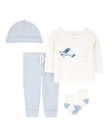 Baby 4-Piece Airplane Print Outfit Set - Blue, 