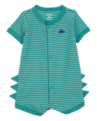 Baby Dinosaur Striped Cotton Short-Sleeve Romper - Green, image 1 of 3 slides