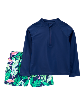 Baby Boy 2-Piece Tropical Flamingo Rashguard & Swim Trunk Set, 