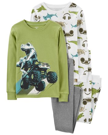 Kid 4-Piece Monster Truck Dinosaur 100% Snug Fit Cotton Pajamas, 