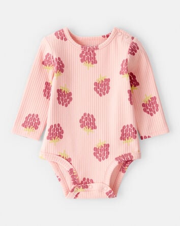 Baby Girl Raspberry Print Long-Sleeve Fashion Bodysuit - Pink, 