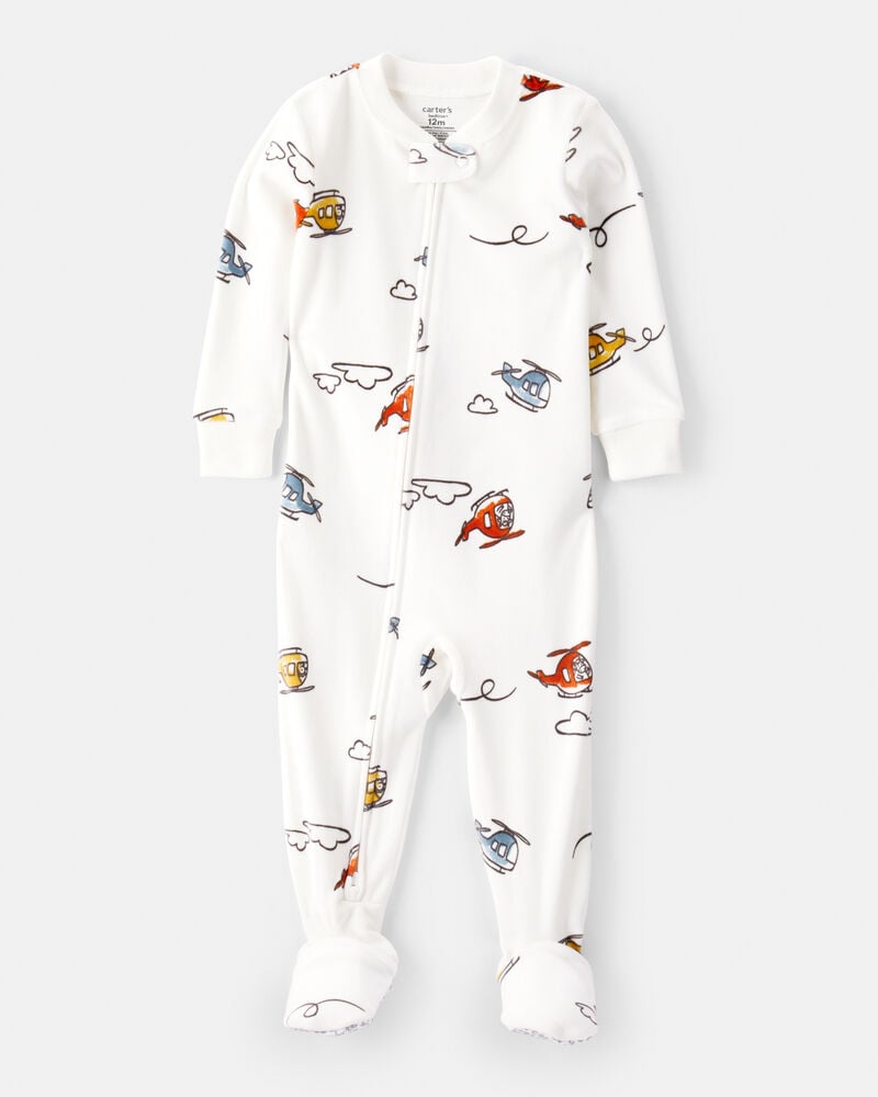 Baby Boy Helicopter Print Loose Fit Long-Sleeve 2-Way Zip 1-Piece Pajamas - White, image 1 of 4 slides