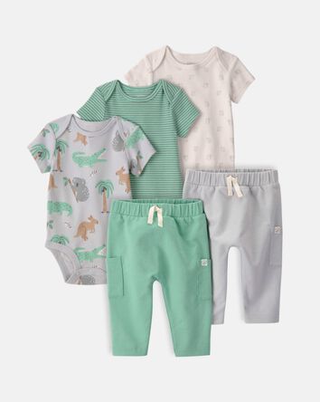 Baby 5-Piece Organic Cotton Bodysuits & Pants Set in Aussie Friends Print, 