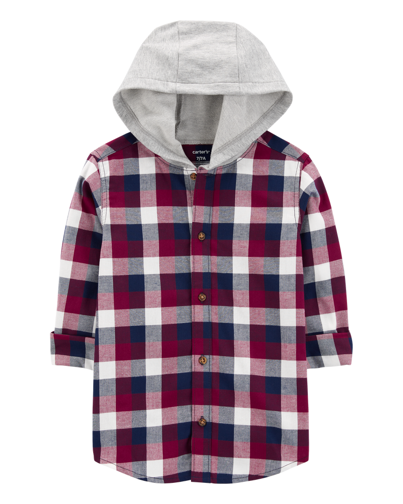 Kid Plaid Hooded Button-Down Shirt, image 1 of 4 slides