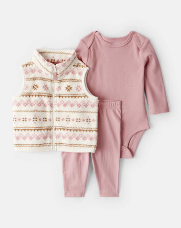 Baby Girl 3-Piece Fair Isle Sherpa Vest Outfit Set - Pink, 