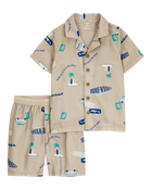 Boys Tropical Print Loose Fit 2-Piece Pajamas - Khaki, image 1 of 3 slides