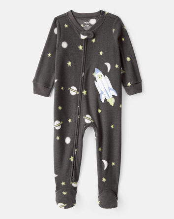 Toddler Boy Spaceship Star Print Fleece Loose Fit 1-Piece Pajamas - Grey, 