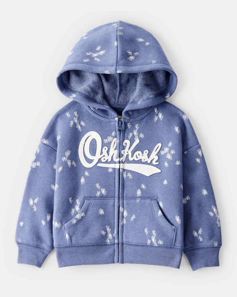 Baby Heart Print OshKosh French Terry Logo Zip Jacket - Blue, image 1 of 4 slides