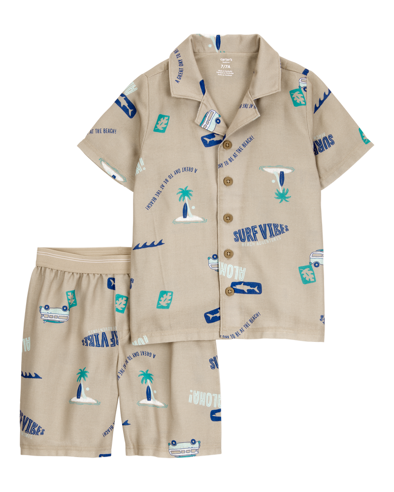 Boys Tropical Print Loose Fit 2-Piece Pajamas - Khaki, image 1 of 3 slides