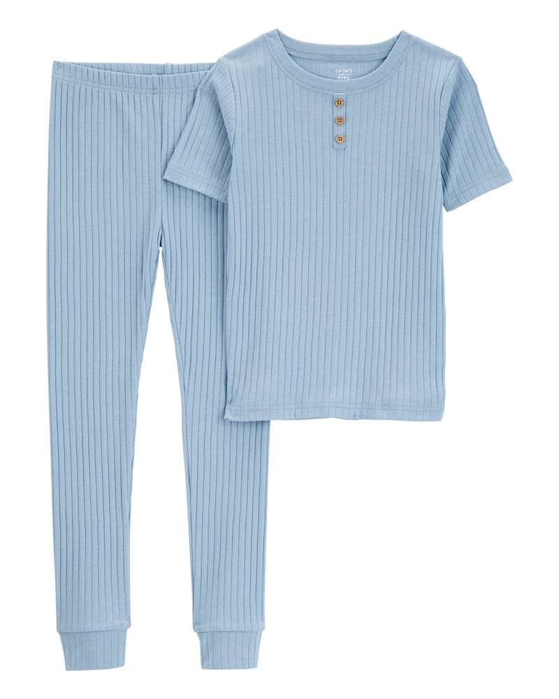 Kid Solid Ribbed Cotton Blend 2-Piece Pajamas - Blue, image 1 of 3 slides