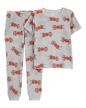 Boys Race Car Print Loose Fit Waffle Knit 2-Piece Pajamas - Grey, 