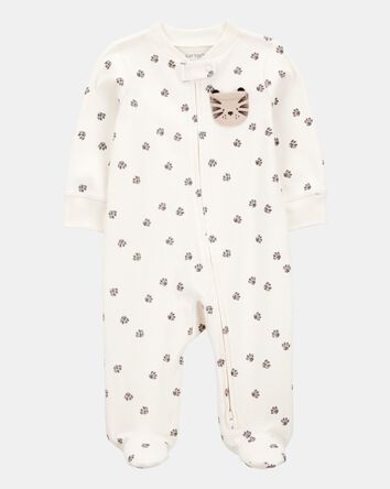 Baby Tiger Print 2-Way Zip Cotton Sleep & Play Pajamas - Ivory, 