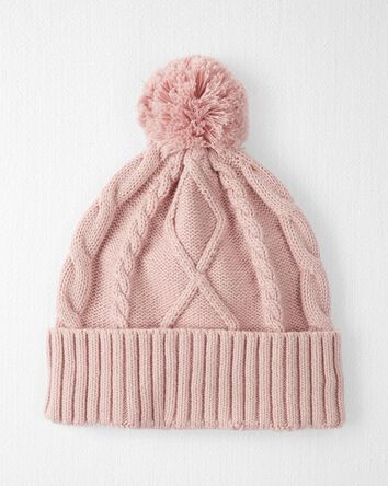 Toddler Organic Cotton Cable Knit Beanie in Perfect Pink, 