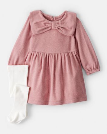 Baby Girl Bow Collor Long-Sleeve Dress Set - White/Pink, 