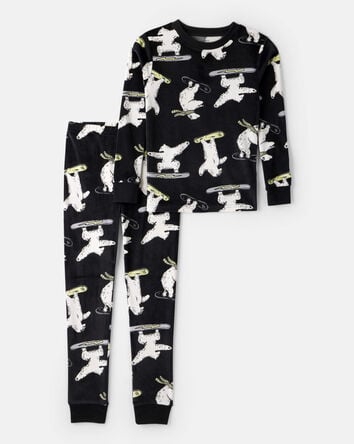 Boys Polar Bear Print Velour Long-Sleeve Loose Fit 2-Piece Pajamas - Black, 