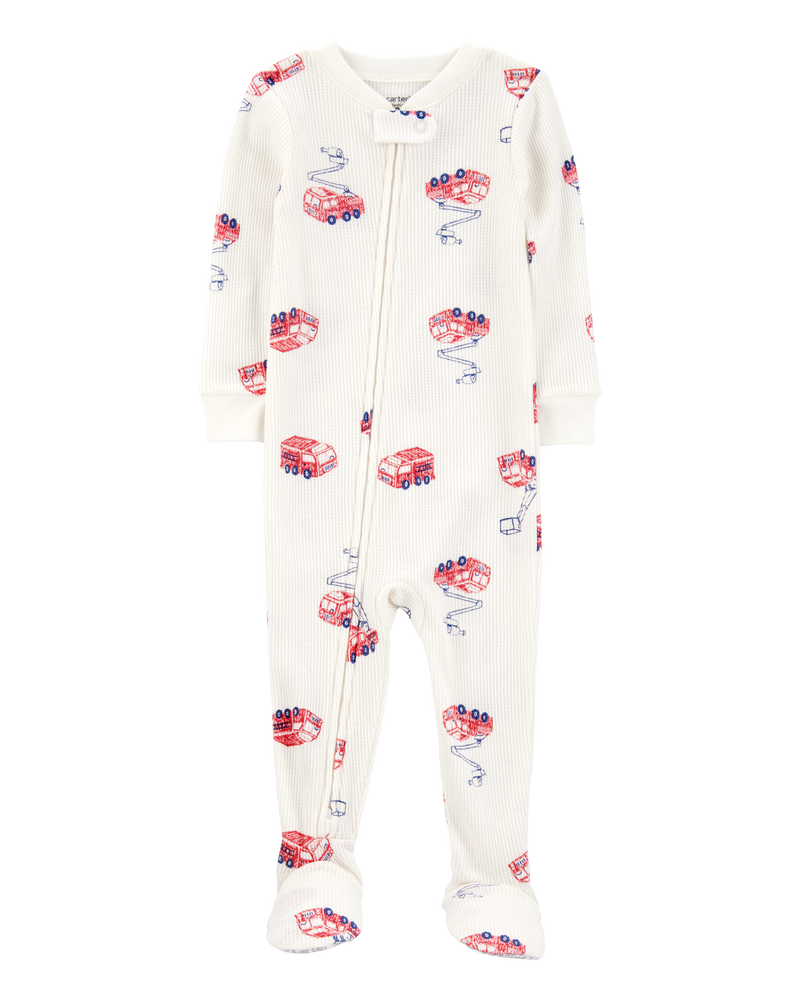 Baby Boy Fire Truck Print Waffle Knit Footie 1-Piece Pajamas, image 1 of 4 slides