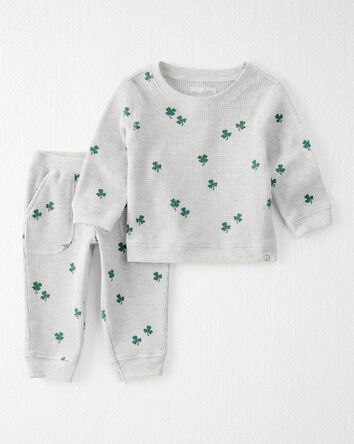 Baby 2-Piece Organic Cotton Thermal Knit Set in Lucky Clovers Print, 
