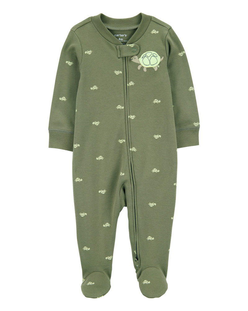 Baby Boy Turtle Print 2-Way Zip Cotton Sleep & Play Pajamas - Green, image 1 of 3 slides