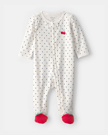 Baby Girl Cherry 2-Way Zip 100% Cotton Sleep & Play Pajama - White, 