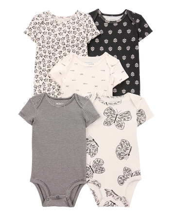 Baby Girl 5-Pack Striped Butterfly Short-Sleeve Cotton Bodysuits - Black/White, 