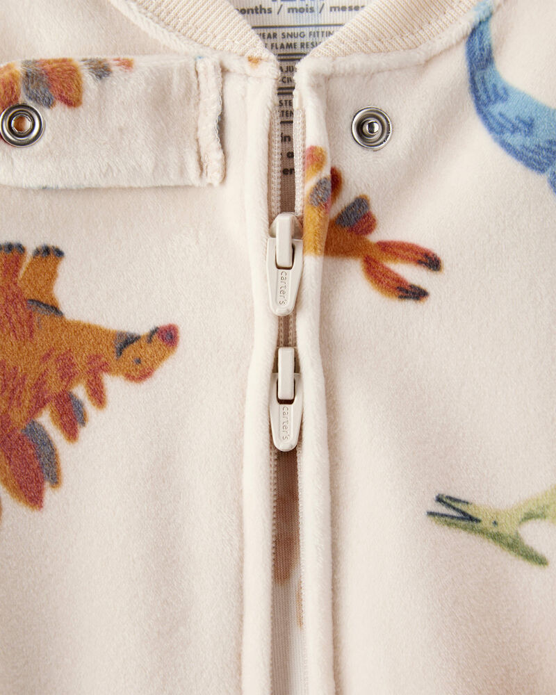 Baby Boy Dinosaur Print Loose Fit Long-Sleeve 2-Way Zip 1-Piece Pajamas - Tan, image 2 of 5 slides