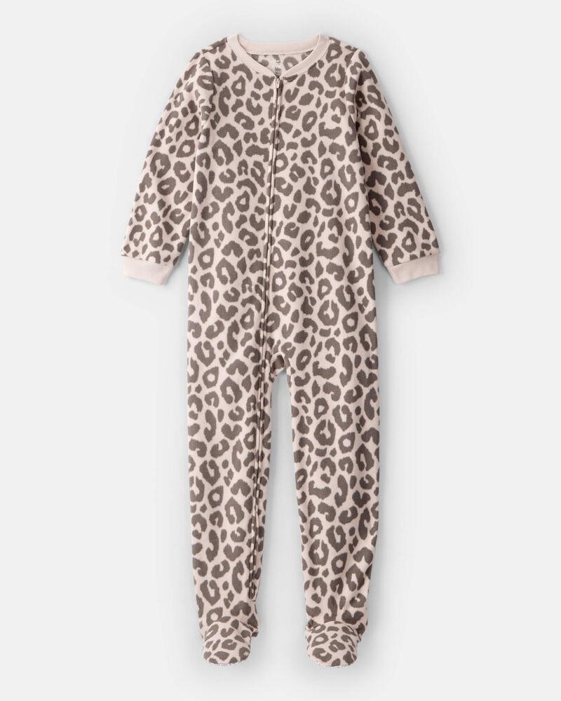 Girls Leopard Print Fleece Long-Sleeve Loose Fit 1-Piece Pajamas -Brown, image 1 of 3 slides