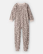 Girls Leopard Print Fleece Long-Sleeve Loose Fit 1-Piece Pajamas -Brown, image 1 of 3 slides