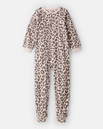 Girls Leopard Print Fleece Long-Sleeve Loose Fit 1-Piece Pajamas -Brown, 