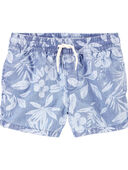 Blue - Toddler Tropical Print Chambray Drawstring Shorts