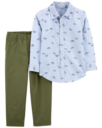 Toddler 2-Piece Dinosaur Button-Front Shirt & Canvas Pant Set, 