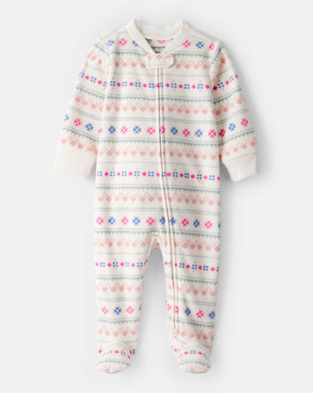 Baby Girl Fair Isle Fleece Long-Sleeve Loose Fit Sleep & Play Pajamas, 