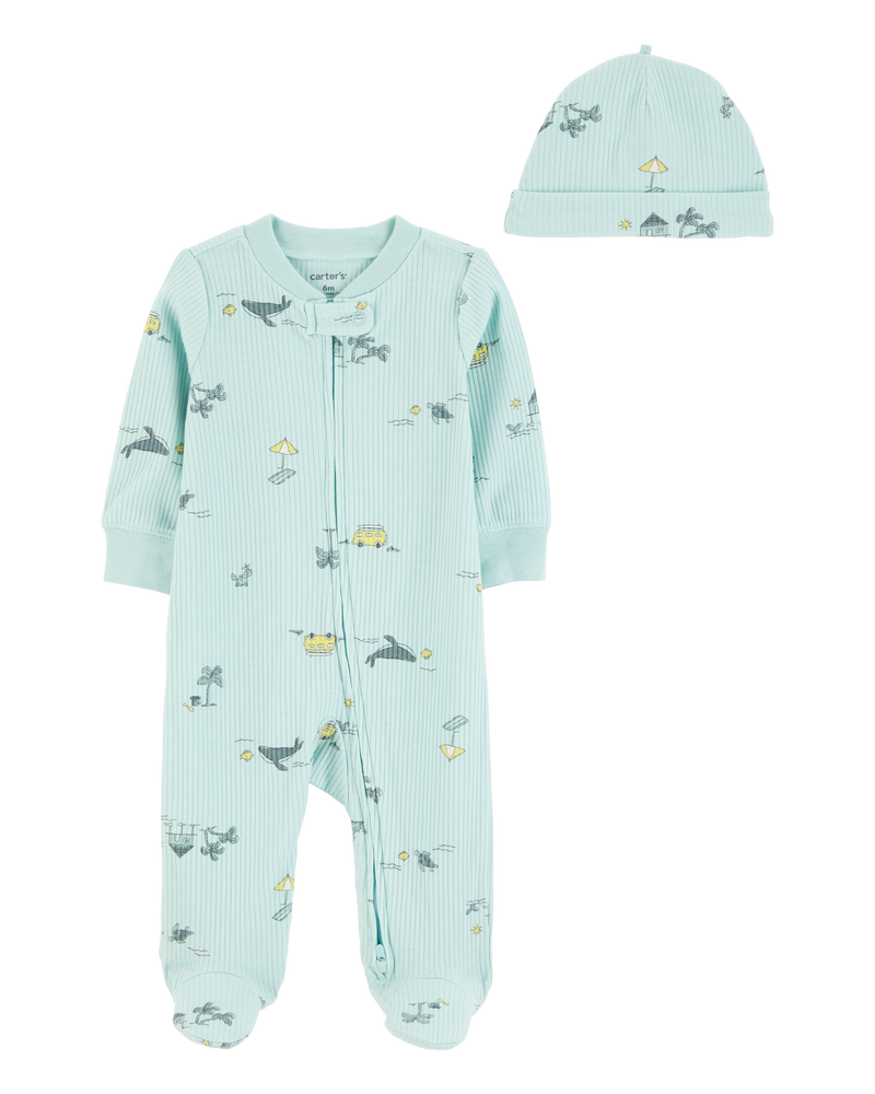 Baby 2-Piece Beach 2-Way Zip Sleep & Play Pajamas - Blue, image 1 of 3 slides