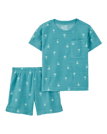 Toddler Boy Palm Tree Print Loose Fit Waffle Knit 2-Piece Pajamas - Turquoise, 