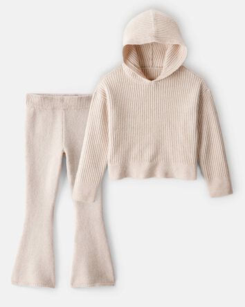 Girls 2-Piece Ribbed Sweater Knit Hoodie & Flare Pants Set - Beige, 