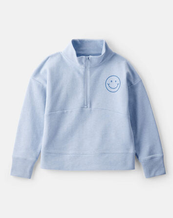 Girls Smiley Face Print Quarter-Zip Pullover Sweatshirt - Blue, 