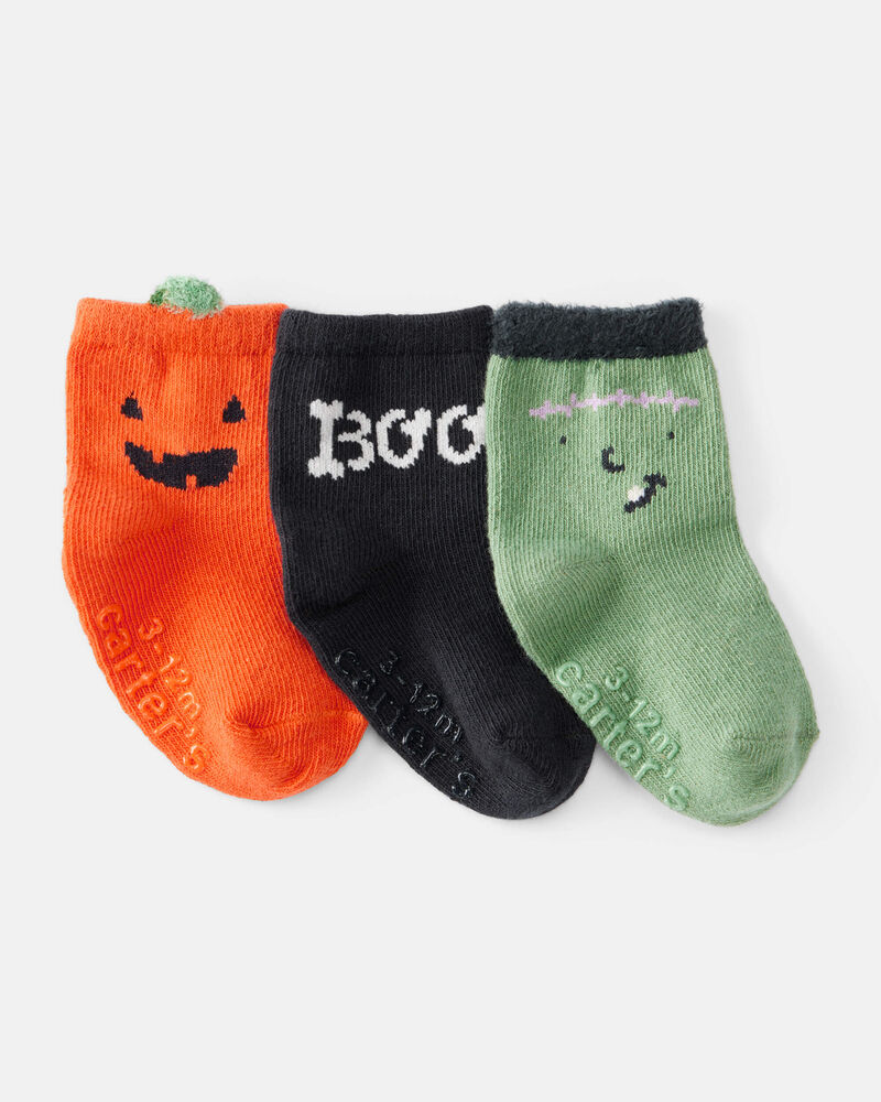 Baby 3-Pack Boo Pumpkin Monster Halloween Socks, image 1 of 2 slides
