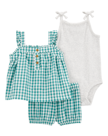Baby Girl 3-Piece Gingham Outfit Set - Green/Grey, 