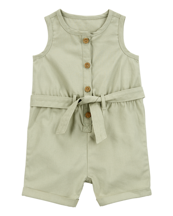 Baby Girl Sleeveless Canvas Romper - Olive, 