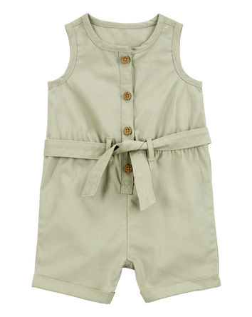 Baby Girl Sleeveless Canvas Romper - Olive, 