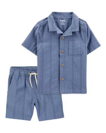 Toddler 2-Piece Seersucker Button-Down Shirt & Drawstring Shorts Set - Blue, 