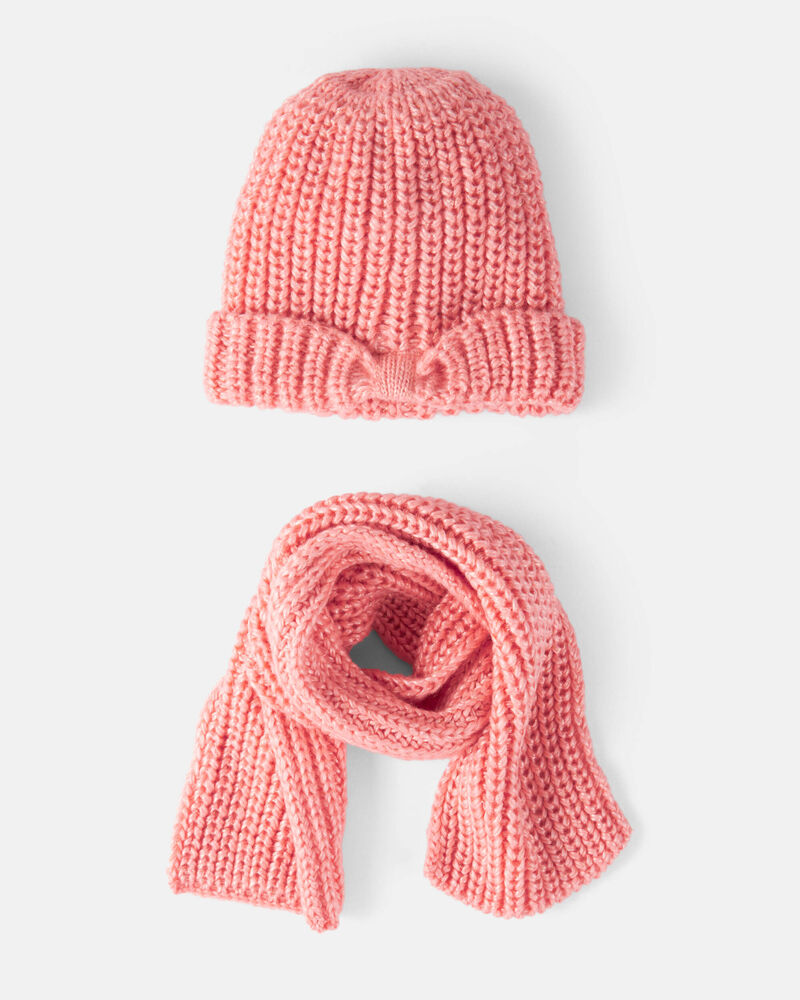 Girls 2-Piece  Shimmer Winter Hat & Scarf - Coral, image 1 of 2 slides