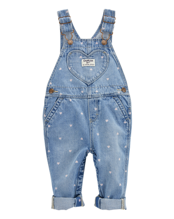 Baby Heart-Print Knit Denim Overalls - Blue, 